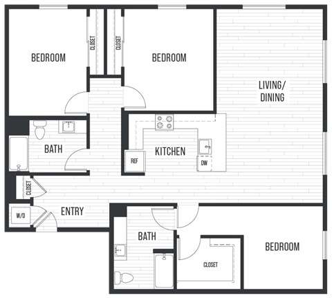 Floor plan 3C. Three bedroom, two bath at Sixth & Jackson Apartments in Japantown, San Jose.